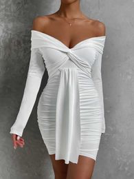 Stedelijke sexy jurken Dames lange mouw off-shoulder mini-jurk Wit feestlint Geplooide ruches Bodycon korte avond