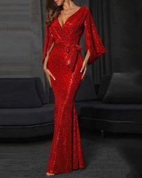 Robes sexy urbaines Femme Sirène Trumpett rouge Sexy Sequin Prom Robes de soirée avec manches longues Robe fabriquée sur mesure T231214