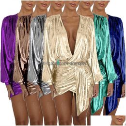 Robes sexy urbaines femmes métallique plongeant partie col en V profond moulante Irregar courte mini robe de club XS-XXL 6 couleurs livraison directe Appare Dhbb3