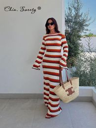 Urban Sexy Jurken Dames Katoen Gebreide Bodycon Backless Jurk Gestreept Uitgehold Uitlopende Mouwen Ruche Vestidos O-hals Vakantie Wave Cut Robe 230706