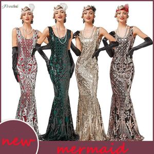 Urban Sexy Dresses Jupe longue pour femme Années 1920 Great Gatsby Robe de soirée Élégante Col rond Sans manches Slim Perlée Paillettes Longue Robe Sirène 231024