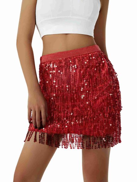 Robes sexy urbaines femmes à paillettes de la jupe frange brillante élastique mini-jupe de taille élastique pour la danse rave fête noire / argent / or / rouge 240405