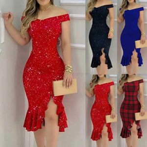 Robes sexy urbaines Femmes Sexy Bodycon Robe Sexy Off épaule Split Rouffle Couleur solide Plaid Bodycon Habe-Longue Party Elegant Vestidos D240427