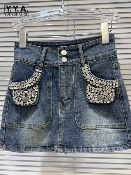 Vestidos sexy urbanos Mujeres Primavera Summer Fashion Denim Falda Diamantes de cintura Alta Pocket Vintage High Street Cargo Cargo faldas a línea A 240403