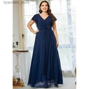 Stedelijke sexy jurken dames koningsblauw v-hals chiffon jurk met korte mouwen elegante luxe plus maat 4xl 5xl zomer 2022 l240309