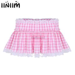 Urban Sexy Robes Womens School Girls Gleeing Jirt Brave Gingham Minikirt avec dentelle Hem plissée Sissy Mens Sexy Cosplay A-Line Mini jupe 240403