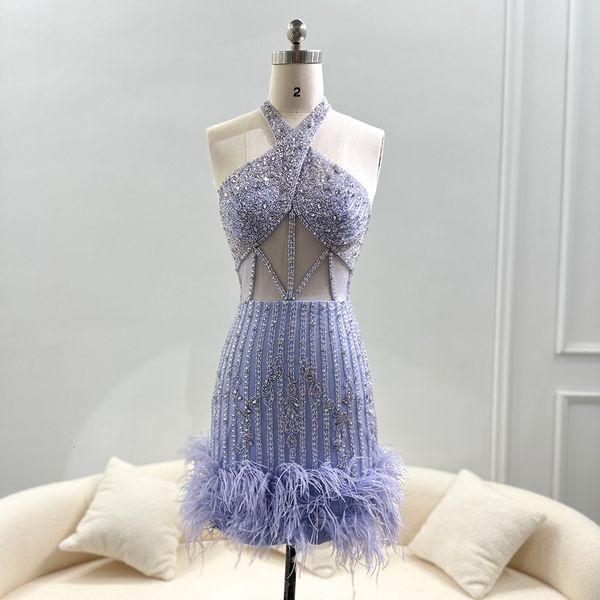 Urban Sexy Dresses X Luxury Feathers Nude Short Mini Cocktail Prom para mujeres Wedding Halter Lilac Homecoming Party Gowns 230606