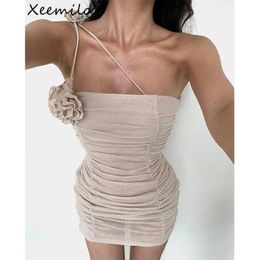 Stedelijke sexy jurken Xeemilo Vintage mesh geplooide jurk Esthetische bloem Schuine kraag Off-shoulder Mini Zomerfeest Ruglooze vestidos 231018