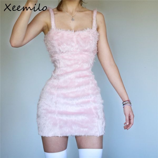 Robes Sexy Urbaines Xeemilo Y2K Rose En Peluche Mini Robe Printemps Été Sexy Sans Manches Maigre Mince Robes Élégante Fête D'anniversaire Femmes Jupes De Hanche 230808