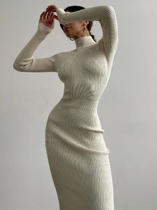 Urban sexy jurken XIZOU gebreide witte jurk coltrui lange mouw bodycon herfst winter elegante feestavond zwart voor dames 231023