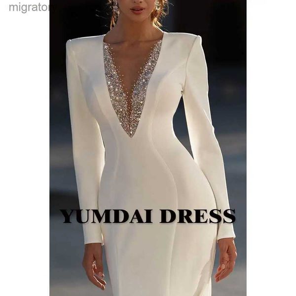 Vestidos sexy urbanos YUMDAI Vestido de noche nupcial de boda blanco con diamantes de imitación de lujo de Dubai 2023 Banquete Cola de pez Manga larga Bola de gama alta yq240329