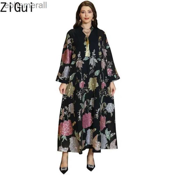 Vestidos sexy urbanos Zigui Kaftan Abaya Vestido con cuello en V Borla Gasa negra Bordado Lentejuelas doradas Musulmán Oriente Medio Túnica árabe para mujer yq240330