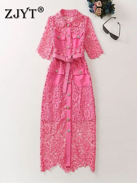 Robes Sexy Urbaines ZJYT Piste Creux Robe En Dentelle Au Crochet Fête D'été Femmes Broderie Designer De Luxe Rose Robes De Fiesta Midi Robe De Vacances 230630