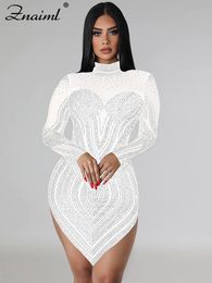 Urban Sexy Jurken Znaiml Luxe Sheer Mesh Patchwork Witte Korte Jurk voor Vrouwen Sparkly Crystal s Party Night Club Verjaardag Vestidos 230630