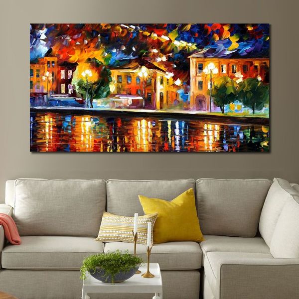 Urban Streets Canvas Art River Shore Handcrafted Abstract Painting Modern Decor for Office