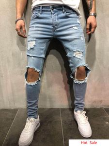 Stedelijke stijl heren potloodbroek halfhoge taille jeans mode slim fit gescheurde jeans denim kleding broek lange gerafelde broek