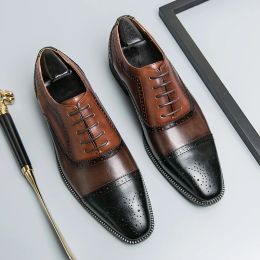 Chaussures en cuir Brock épissé de luxe pour hommes, chaussures classiques de bureau, formelles, Oxford, blocage de couleur, tendance, Type urbain