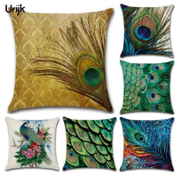 Urijk-almohadas decorativas para el hogar, funda de cojín de alta calidad con estampado de plumas de pavo real, funda de almohada cuadrada de lino cómoda para sofá