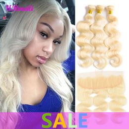 URmeili Brazilian 613 Blonde Color Body Wave Hair 3 paquetes con 13 * 4 Frontal 10A brasileño Remy Cabello humano cuerpo ondulado paquetes con cierre