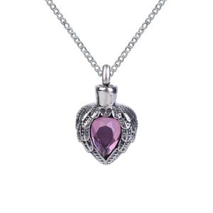 Collier d'urne avec pendentif en forme d'aile et de cœur, pierre de naissance violette, souvenir de cendres commémoratives, bijoux de crémation en acier inoxydable avec sac cadeau et chaîne 317q