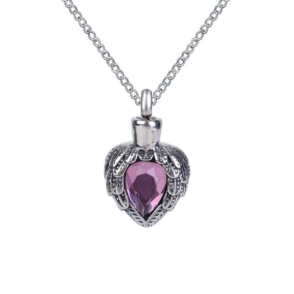 Collar de urna con colgante de corazón de ala de piedra natal morada, recuerdo de cenizas conmemorativas, joyería de cremación de acero inoxidable con bolsa de regalo y cadena, 263m