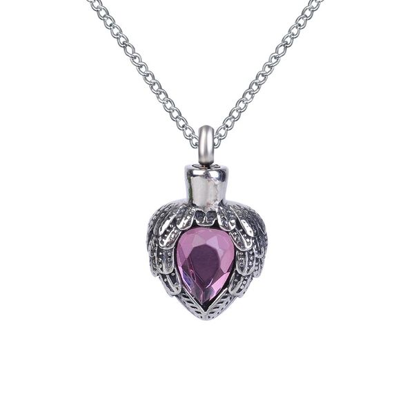 Collar de urna con colgante de corazón de ala de piedra natal morada, recuerdo de ceniza conmemorativo, joyería de cremación de acero inoxidable con bolsa de regalo y cadena248q