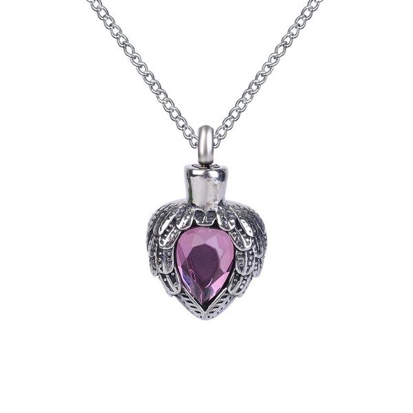 Collar de urna con colgante de corazón de ala de piedra natal morada, recuerdo de cenizas conmemorativas, joyería de cremación de acero inoxidable con bolsa de regalo y cadena 319p