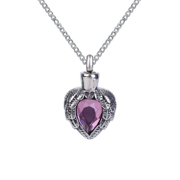 Collar de urna con colgante de corazón de ala de piedra natal morada, recuerdo de ceniza conmemorativo, joyería de cremación de acero inoxidable con bolsa de regalo y cadena 2671