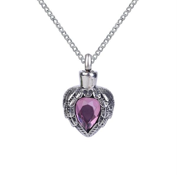 Collar de urna con colgante de corazón de ala de piedra natal morada, recuerdo de cenizas conmemorativas, joyería de cremación de acero inoxidable con bolsa de regalo y cadena 255r