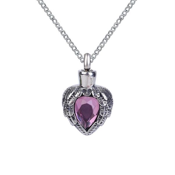 Collar de urna con colgante de corazón de ala de piedra natal morada, recuerdo de cenizas conmemorativas, joyería de cremación de acero inoxidable con bolsa de regalo y cadena 302f