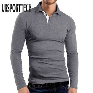 URSPORTTECH couleur unie t-shirt hommes printemps automne hommes à manches longues revers Polo t-shirt pour hommes affaires Golf T-shirtsTop 210528