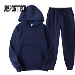 Ursporttech Survêtement de couleur unie Hommes Set Automne Casual Sweats à capuche + Pantalon Deux pièces Survêtement Trendy Sportswear Set Male 210722