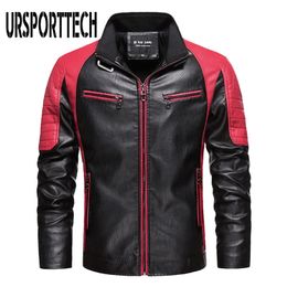 Ursporttech Spliced Veste en cuir pour hommes Casual Mode Col montant Polaire Vintage Manteau Qualité Moto Veste en cuir Hommes 211111