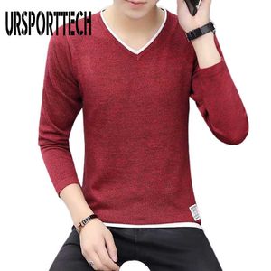 URSPORTTECH Printemps Automne Hommes Chandails Style Coréen Mode Jeunesse Mince Col En V À Manches Longues Slim Fit Chandail Bottoming Pull 210528