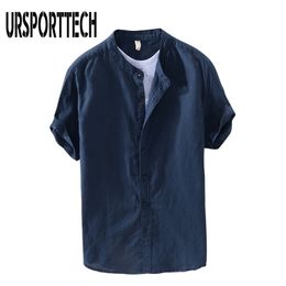 Ursporttech Summer Vintage Hommes Chemise Coton Lin Lâche Casual Solide Manches Courtes Bouton Tops Harajuku Marque Blouse 210705