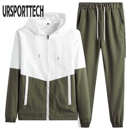 URSPORTTECH Survêtement Hommes Ensemble Printemps Patchwork À Capuche Veste + Pantalon Homme Survêtement Sportswear Workout Gym Costume Homme Vêtements 210528