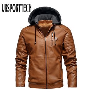 UrSporttech Winter Heren PU Lederen Jassen Mens Fleece Jassen Casual Uitloper Motorfiets Hooded Jacket Windbreaker Biker Jassen 211111