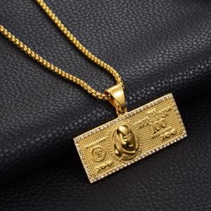 ONS 100 Dollar Geld Kettingen Hangers Mannelijke 14 k Geel Gouden Ketting Voor Mannen Strass Hip Hop Bling Sieraden Collier