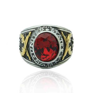 Anillo de acero de titanio del Ejército de EE. UU., anillo Retro de alta calidad con circonita roja para hombre