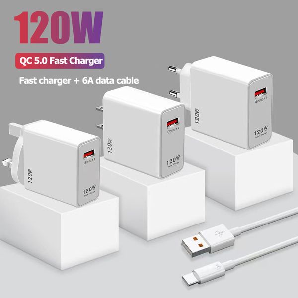 US AU UK Eu 120W Quick Charge 3.0 Chargeur de téléphone rapide Adaptateur mural USB avec câble USB Câble de charge de type C pour Samsung Huawei Xiaomi iphone 15 pro max