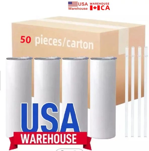 US / CA Local Sublimation Blanks Mugs Gobelets droits en acier inoxydable de 20 oz avec couvercles et tasses de transfert de chaleur en paille Bouteilles d'eau 25pcs / carton Entrepôt JN24