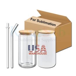 US/CA Stock Tasses en verre à sublimation de 16 oz 16 oz vierges en verre givré transparent pots de soda tasses gobelets avec couvercle en bambou et paille en plastique