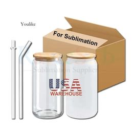 Us/Ca Stock 16 Oz Sublimation Mugs 16Oz Blanks Clear Frosted Glass Juice Soda Jars Cups Tumblers With Bamboo Lid And Plastic Straw 0514