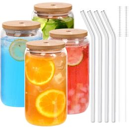 US CA Stock 16oz Glass Can Sublimation Tumbler With Lid and Straw Transparent Bubble Tea Cup Juice Glass Beer Can Cups Breakfast Mug Drinkware