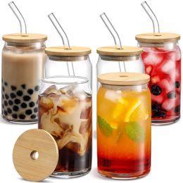US CA Stock 16oz Glass Can Sublimation Tumbler With Lid and Straw Transparent Bubble Tea Cup Juice Glass Beer Can Milk Mocha Cups Breakfast Mug
