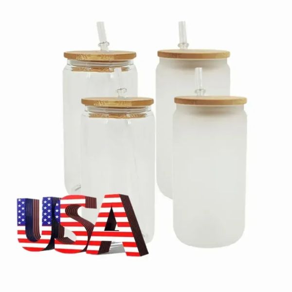 US CA Stock 16 oz Sublimación Cola Can Tumbler Tarro de vidrio esmerilado transparente con tapa de bambú Boca ancha Copa de cerveza Festival Fiesta Vasos de vino u1109