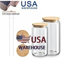 US CA STOCK 16OZ Tasses à bière en verre de sublimation avec couvercle en bambou Gobelets de paille DIY Blanks Givré Clear Can Cups Transfert de chaleur Cocktail Cups Tumbler AU22