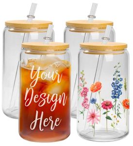 US CA Stock 16oz sublimation en verre tasse de bière avec bambou couvercle de paille gobelers blanks givrés givrés caches de canne tasses de cocktails de transfert tasses