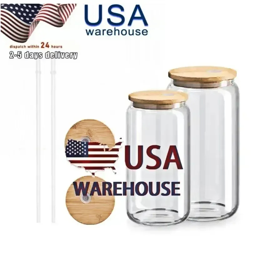 US Ca Stock 16oz Sublimation Glass Beer Muffen met bamboe deksel stropumblers diy spaties Fored Clear can cabs warmte overdracht cocktailbekers tumbler