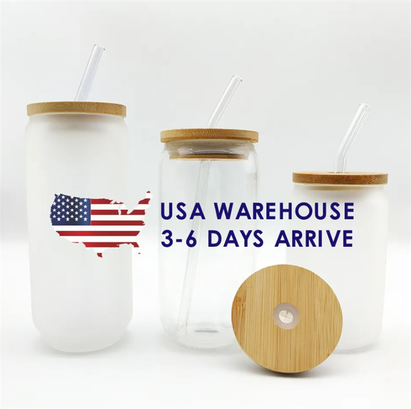 US Ca Stock 16oz Sublimation Glass Beer Muffen met bamboe deksel stropumblers diy spaties Fored Clear can cabs warmte overdracht cocktailbekers tumbler 0525